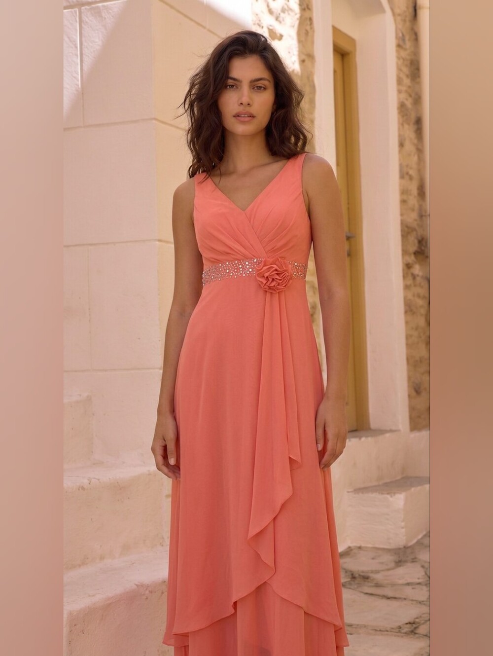 Sleeveless Coral V-Neck Formal Dress with Embellished Waist Sz 12